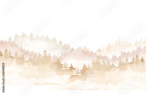 watercolor misty landscape with rocks fog and pine trees, fall mountain clipart, landscape background clipart, trees mountains clipart for greeting cards, save the date, stationery design