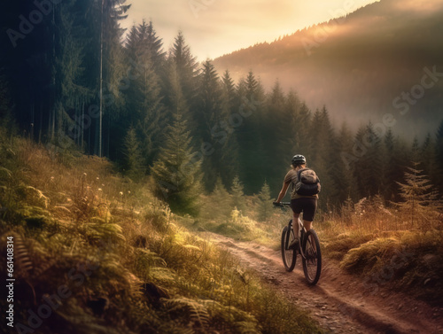 Young woman riding bicycle on beautiful mountain trail in morning