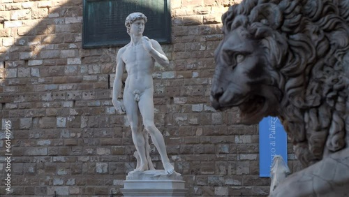 Florence. Tuscany. Italy 03-12-2023. Beautiful statue in Marble of Michelangelo's David, Piazza della Signoria. Video 4K photo