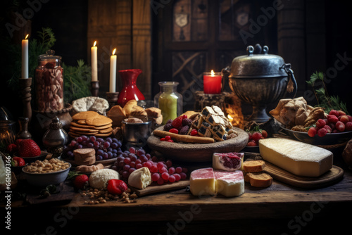 Christmas snacks assortment of cheese, wine, fruits and berries. Christmas table, snack arrangements