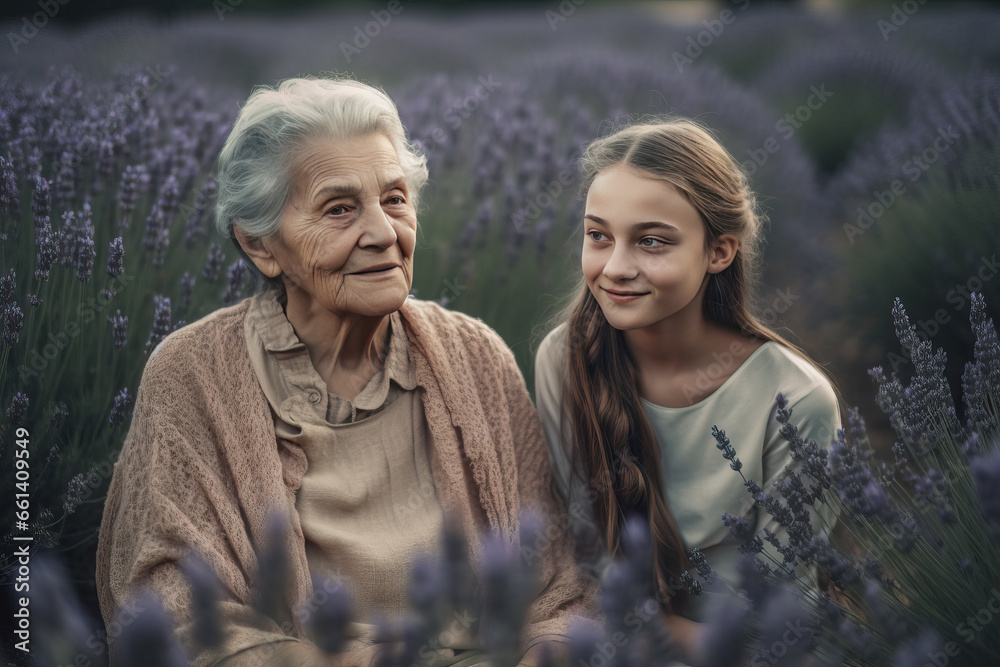 Grandmother and granddaughter in lavender field