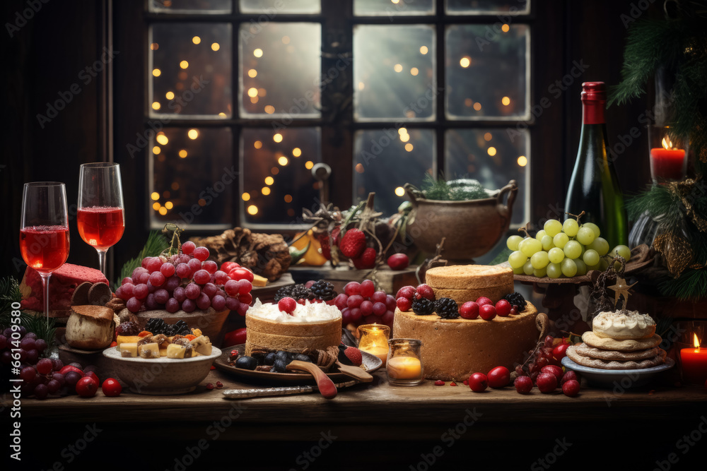 Christmas snacks assortment of cheese, wine, fruits and berries. Christmas table, snack arrangements