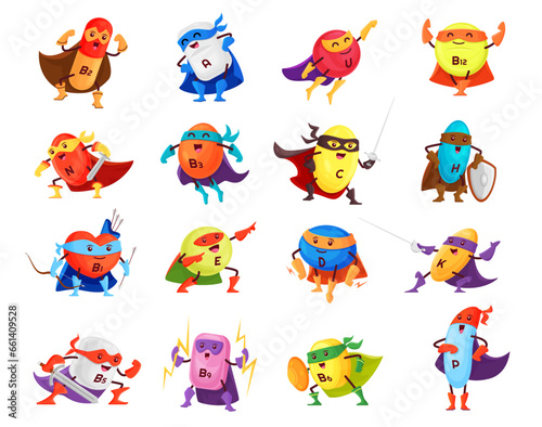 Cartoon vitamin and mineral superhero characters