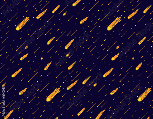 Pattern of meteor shower, singing stars on a blue background. Seamless space, print for textiles, packaging design. Space vector