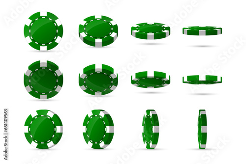 Set of green casino poker chip in different, various position. Collection of diamonds, hearts, clubs, spades tokens. Raise money. Play roulette. Isolated on white background. Vector illustration