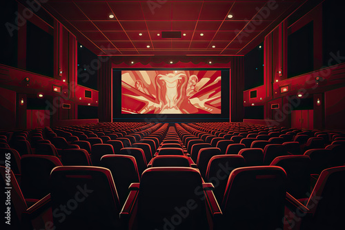 Empty of cinema in blue color with white blank screen, the auditorium in a movie theater with red leather seats