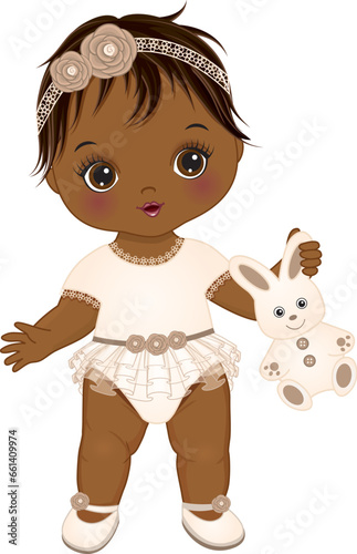 Vector Cute Little African American Baby Girl with Bunny Toy