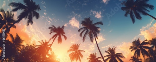 tropical palm trees background on beautiful sunset © krissikunterbunt