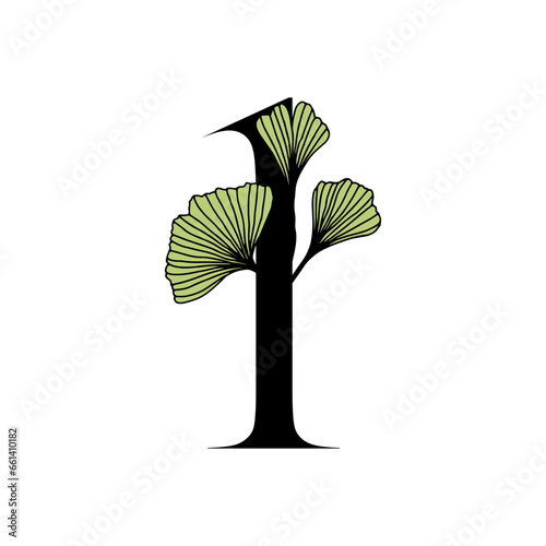 Ginkgo biloba leaves alphabet number. Badge and icon in trendy linear hand drawn style. Vector number and ginkgo branch. Illustration for cosmetics  medicines  organic food  wedding