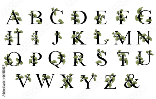 Ginkgo biloba leaves alphabet . Badge and icon in trendy linear hand drawn style. Vector Logo Emblem letter and ginkgo branch. Illustration for cosmetics, medicines, organic food.