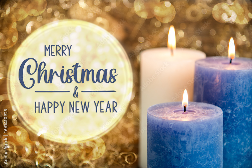 Text Merry Christmas And Happy New Year, With Candles, Christmas Background Text Merry Christmas And Happy New Year, With Candles, Christmas Background