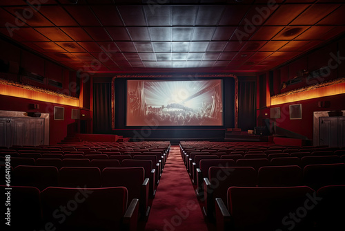 Empty of cinema in blue color with white blank screen, the auditorium in a movie theater with red leather seats photo