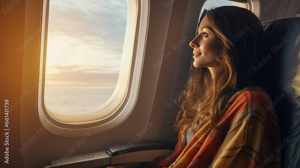A young modern cute woman in the passenger seat looks out the windows of the airplane. girl traveler flies on a plane AI. - obrazy, fototapety, plakaty 