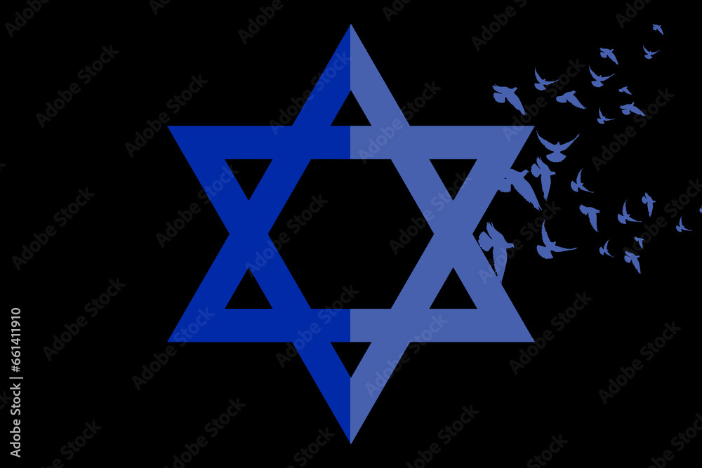 Poster with the flag and coat of arms of Israel, candles, mourning. Poster with the flag and coat of arms of Israel, candles, mourning.