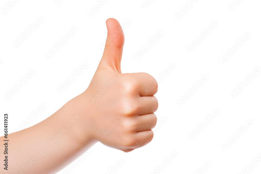 A Child's hand shows thumbs up isolated on a white background studio shot PNG