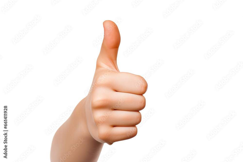 A Child's hand shows thumbs up isolated on a white background studio shot PNG