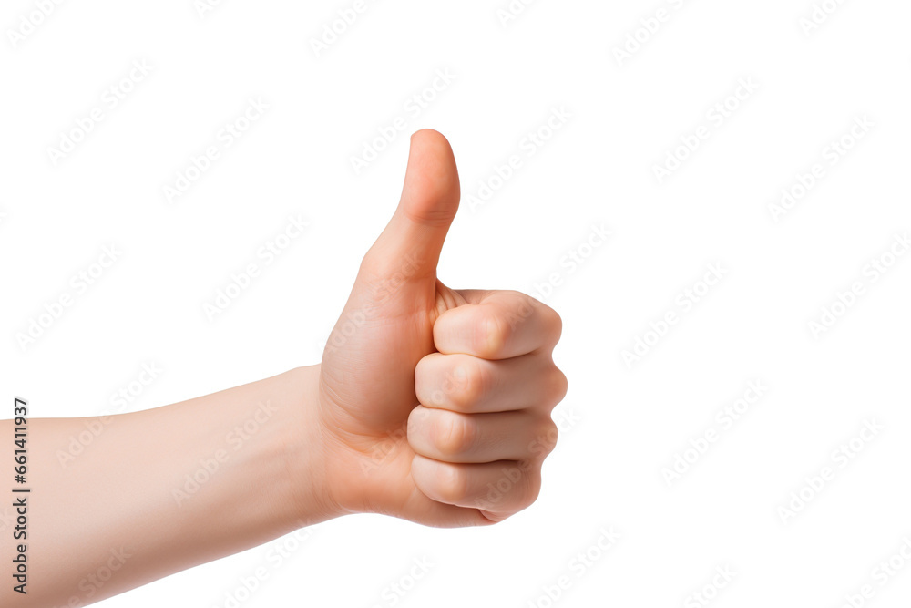 A Child's hand shows thumbs up isolated on a white background studio shot PNG