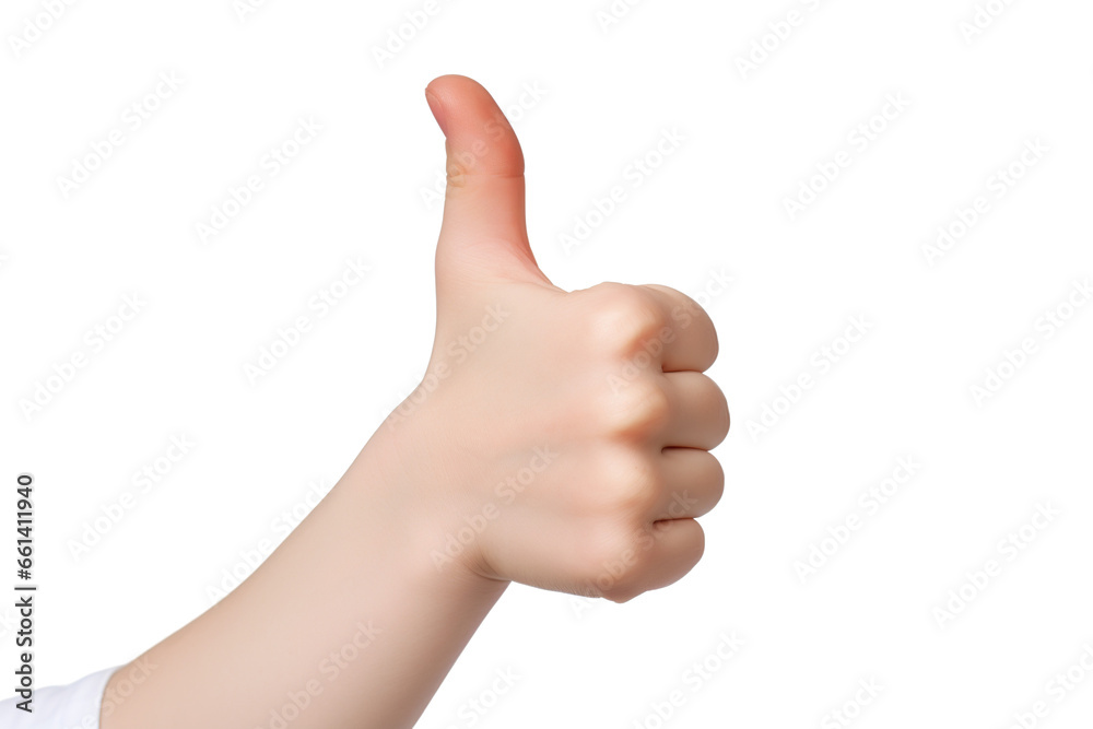 A Child's hand shows thumbs up isolated on a white background studio shot PNG