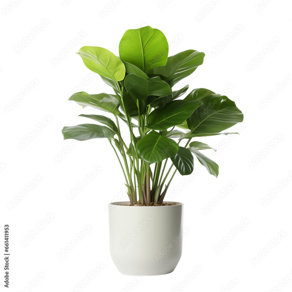 Single Potted Big Houseplant Interior Front View Isolated on Transparent or White Background, PNG - obrazy, fototapety, plakaty 