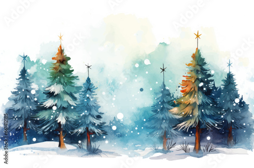 Winter background with snowflakes and fir trees. Watercolor illustration. AI generated