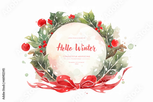 Watercolor Christmas wreath with holly berries, red ribbon and bow. Vector illustration. AI generated