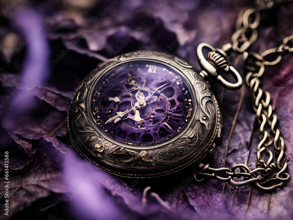 Close-up of a purple antique pocket watch in a mysterious forest