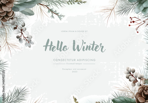 Winter greeting card with fir branches, berries and cones. Vector illustration.