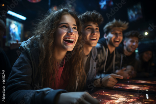 Cheerful friends relax in the evening in a gaming club  look at the screen and laugh
