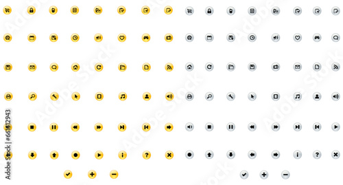 Set of icons in golden and silver style phone, pause, play, forward ,  calculator, volume, high, low, arrows up down etc vector illustration 