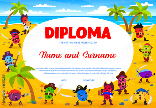 Kids diploma, cartoon vitamin micronutrient pirate