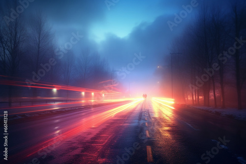 Nighttime Traffic Trails: Long Exposure Street Image of Vibrant Traffic Light Trails - Created using generative AI tools 
