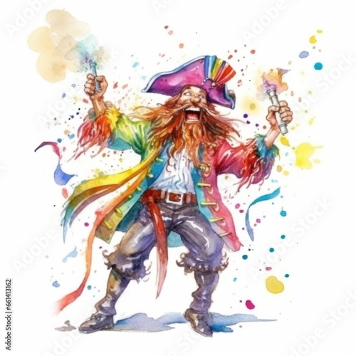 Illustrations in a watercolor style for the design of invitation cards for a children's birthday party in the theme of Pirate Treasures: Male pirate holding explosion salute fireworks