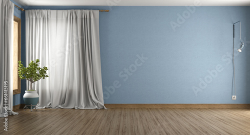Empty blue room with curtain and hardwood floor
