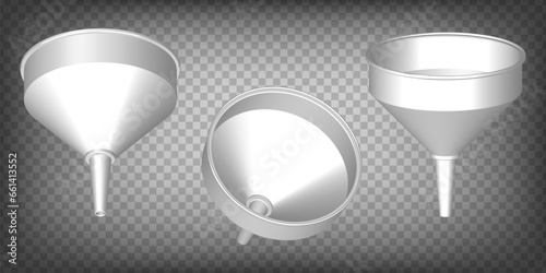 Set of 3d Funnel realistic on transparent background. Funnel  3d icon illustration with different views and angles.  Abstract concept of graphic elements for your design.