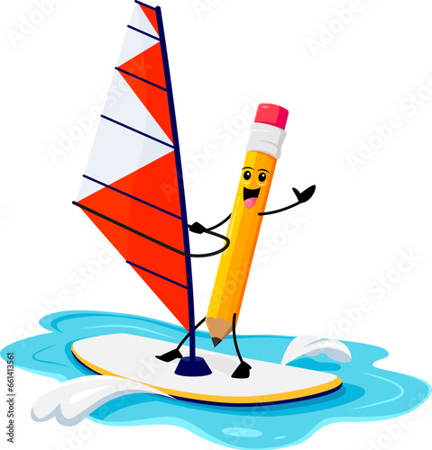 Cartoon pencil school supply riding windsurfing