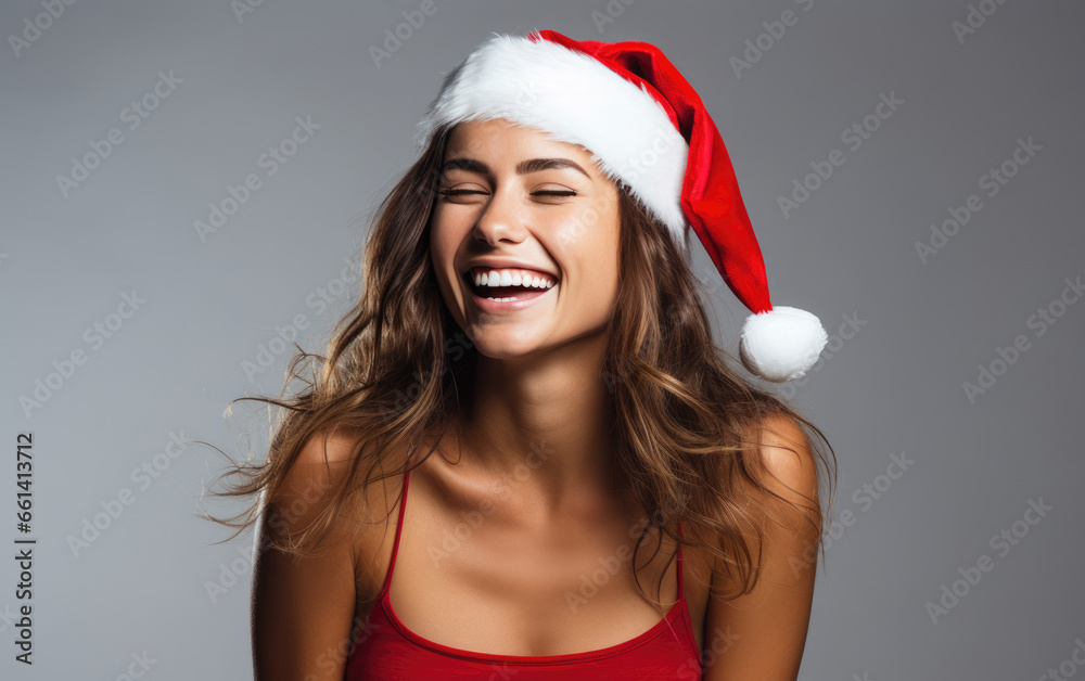 Laughing beauty girl wearing Santa red hat and color clothes celebrating Christmas on solid color background.