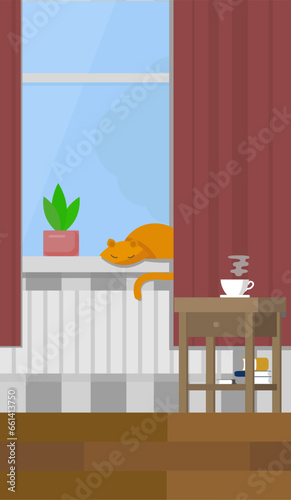 An orange cat sleeps on the windowsill - a color drawing. Vector graphics of a room with burgundy curtains and parquet. Illustration EPS 10
