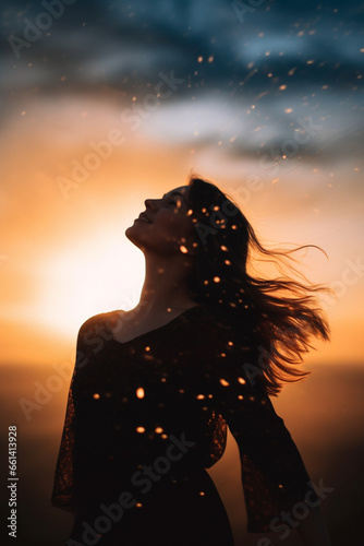 Silhouetted Woman at Sunset: A Tranquil Sky Background Created with generative AI tools.