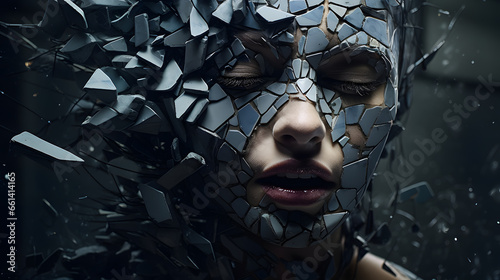 Convey the depths of emotional turmoil through a striking image of a person whose essence is depicted as shattered shards. Highlight the pain and complexity of the human experience with detailed photo