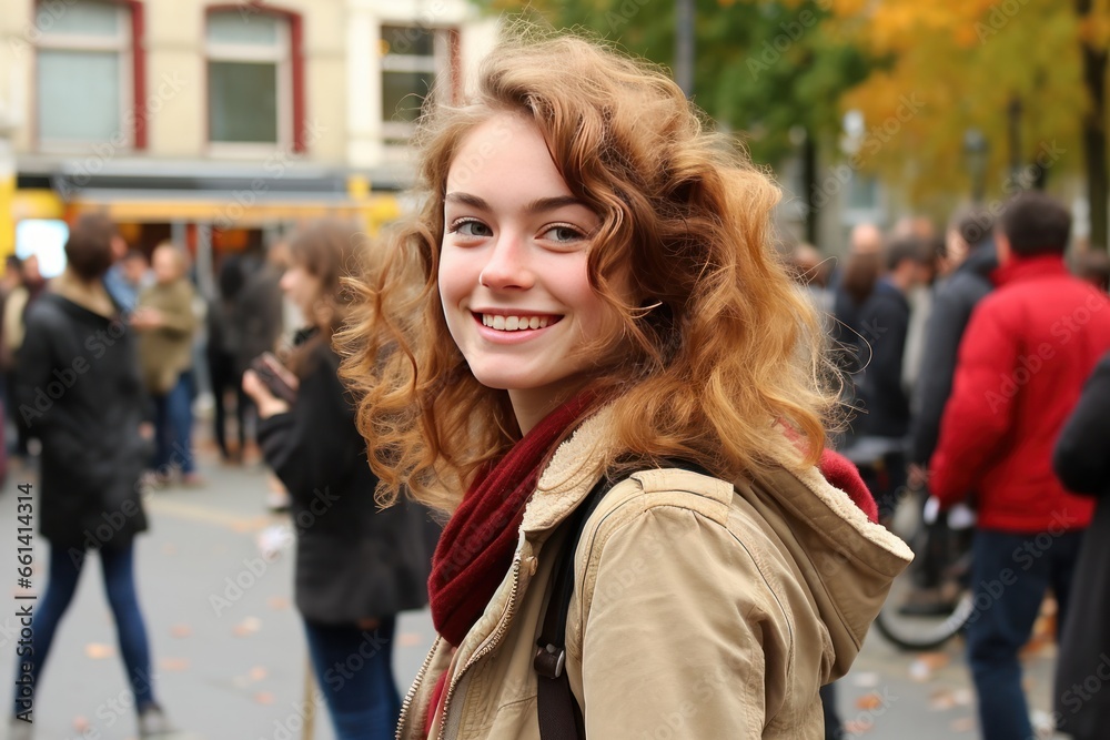 Portrait of a young beautiful woman with red hair on the street. Portrait of a young beautiful woman with red hair on the street.