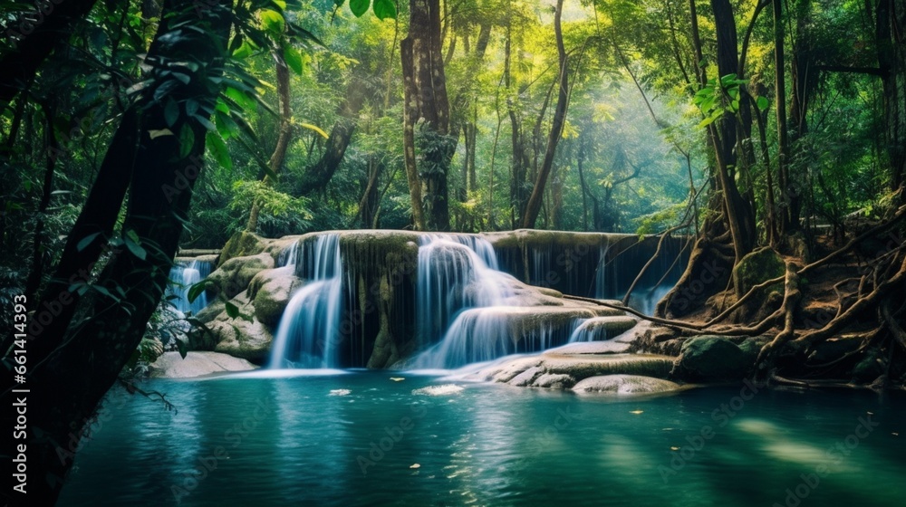 waterfall in the jungle with crystal 