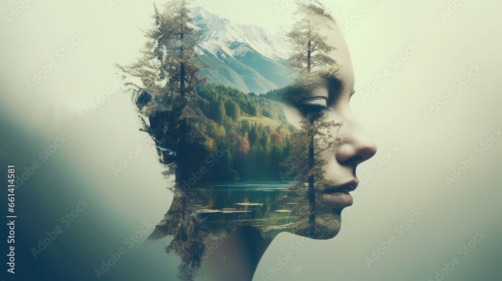 A woman's profile intertwined with nature