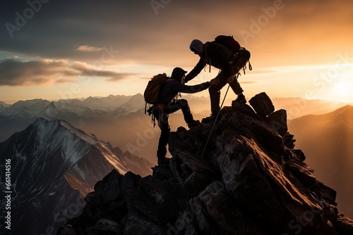 Hikers Helping Each Other On Mountain Sunset Background