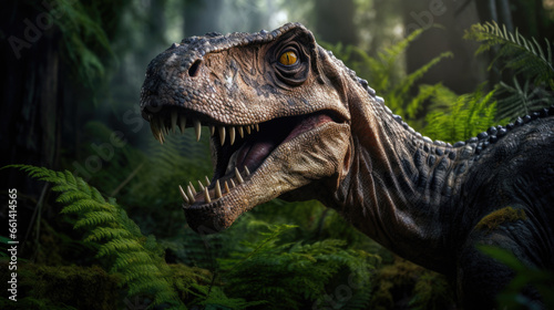 A realistic dinosaur in tropical nature, terrifying © Valeriia