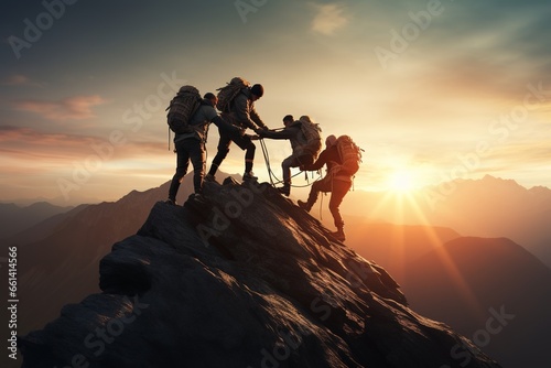 Hikers Helping Each Other On Mountain Sunset Background