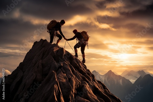 Hikers Helping Each Other On Mountain Sunset Background © MADNI
