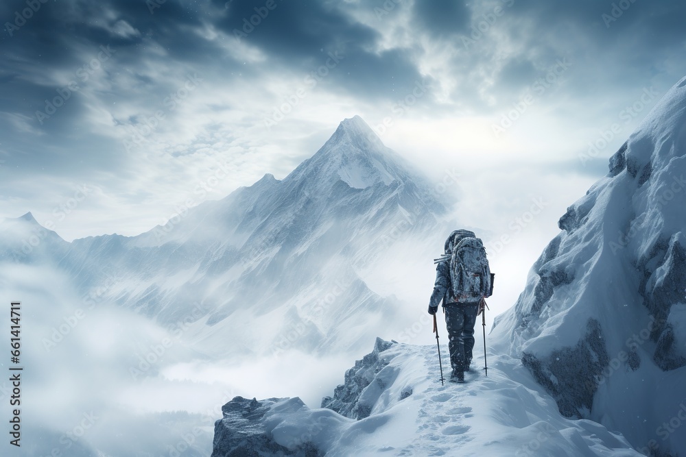 Hiker At The Top Of The Snow Mountain, Everest Summit