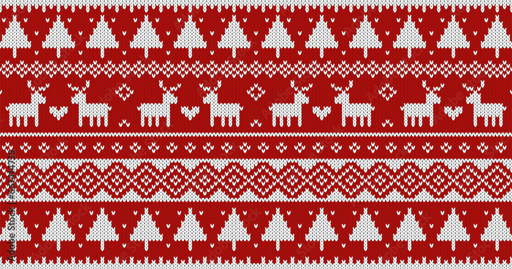 Christmas sweater knitted pattern with deer and trees. White ornament on red background. Vector design. Christmas sweater knitted pattern with deer and trees. White ornament on red background. Vector design.