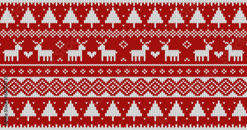 Christmas sweater knitted pattern with deer and trees. White ornament on red background. Vector design. 