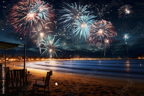 New Year Celebration Fireworks At Beach, New Year Beach Party © MADNI